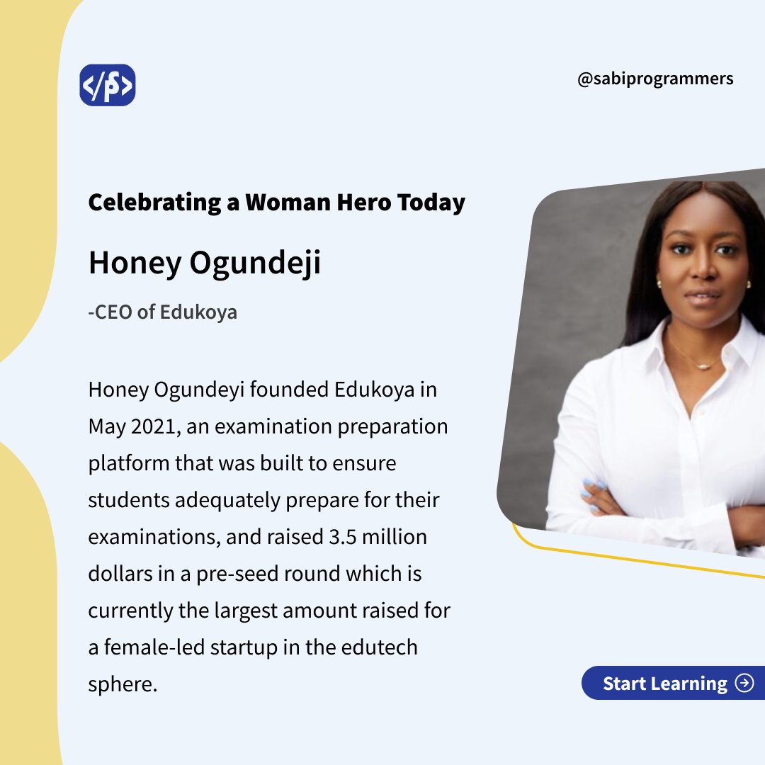 Who is the woman hero we're celebrating today? Find out why she deserves recognition and our admiration! @HoneyOgundeyi

#InternationalWomensDay #InspiringWomen #edukoya #sabiprogrammers #tech