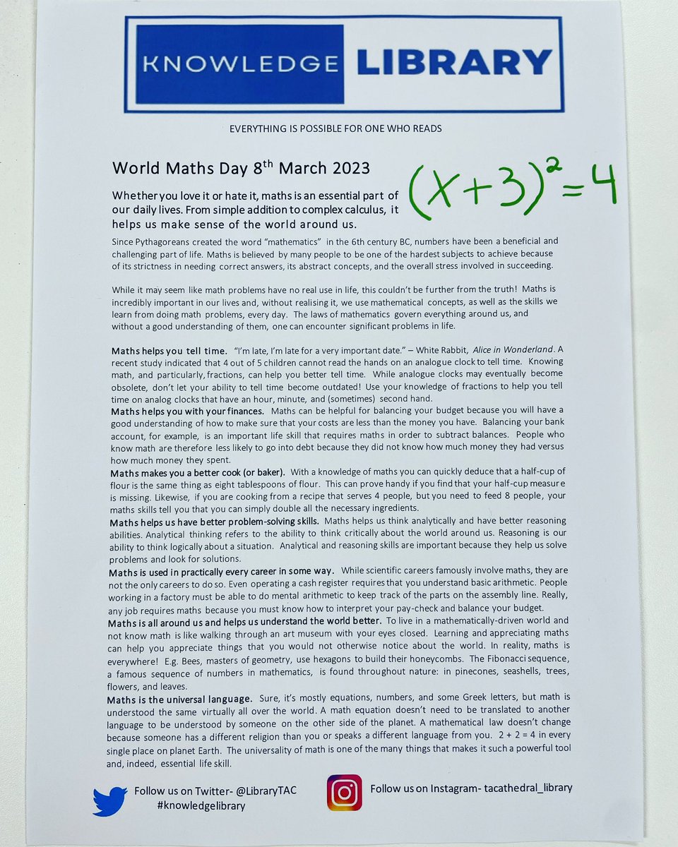LibraryTAC's tweet photo. Today is international #worldmathsday2023 find out more about how maths impacts everyday life in the #knowledgelibrary #everythingispossibleforonewhoreads #cathedralreads @TrinityAcademyC https://t.co/vzaBQHDKkf