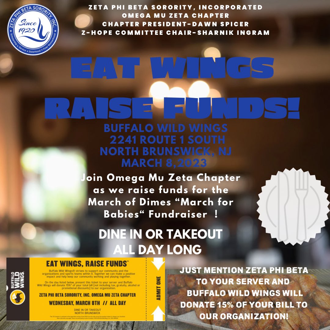 OmegaMuZeta1920's tweet photo. Join Zeta Phi Beta Sorority, Inc.-Omega Mu Zeta Chapter TODAY at Buffalo Wild Wings in North Brunswick!!!!!
Whether you dine in or take out mention to your server Zeta Phi Beta when you order your meal at Buffalo Wild Wings!!!
#ZPhiB #ZPhiB1920 #ZHOPE #BuffaloWildWings https://t.co/evp5RKs77J
