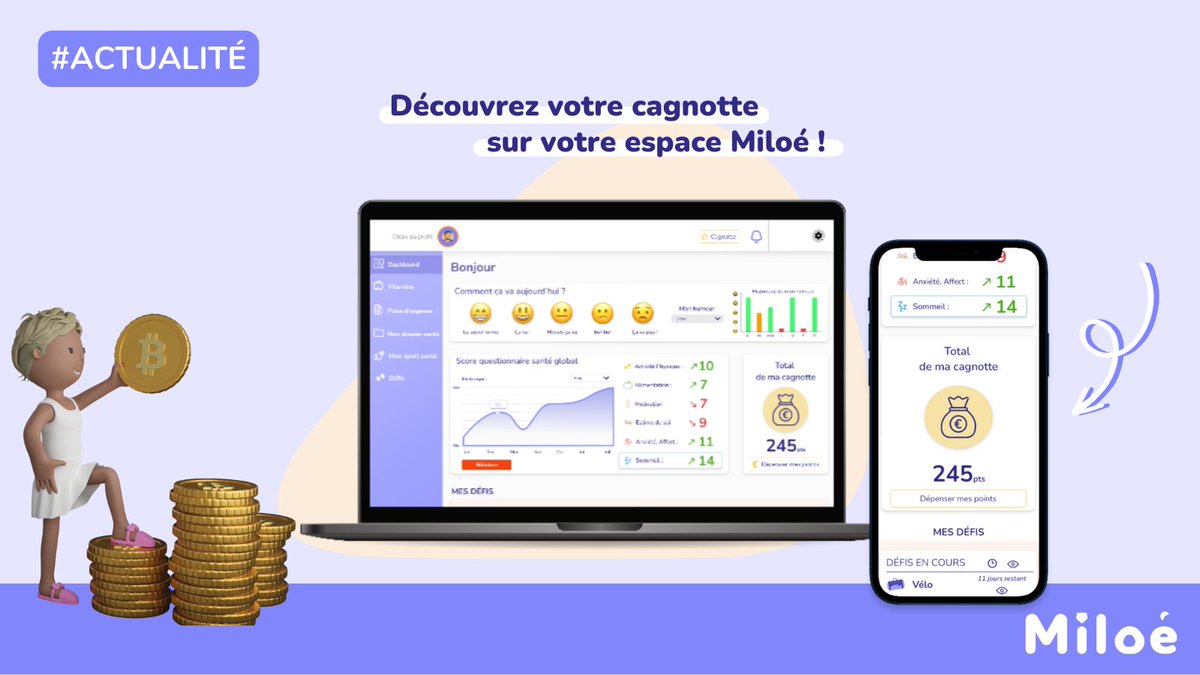 1/3  Vous mettez en place des actions pour préserver votre santé ? Vous êtes récompensés ! 🤑

Eh oui, parmi les nouveautés disponibles sur votre espace Miloé, vous trouverez votre toute nouvelle cagnotte sur laquelle cumuler des points pour bénéficier de nos offres partenaires💰