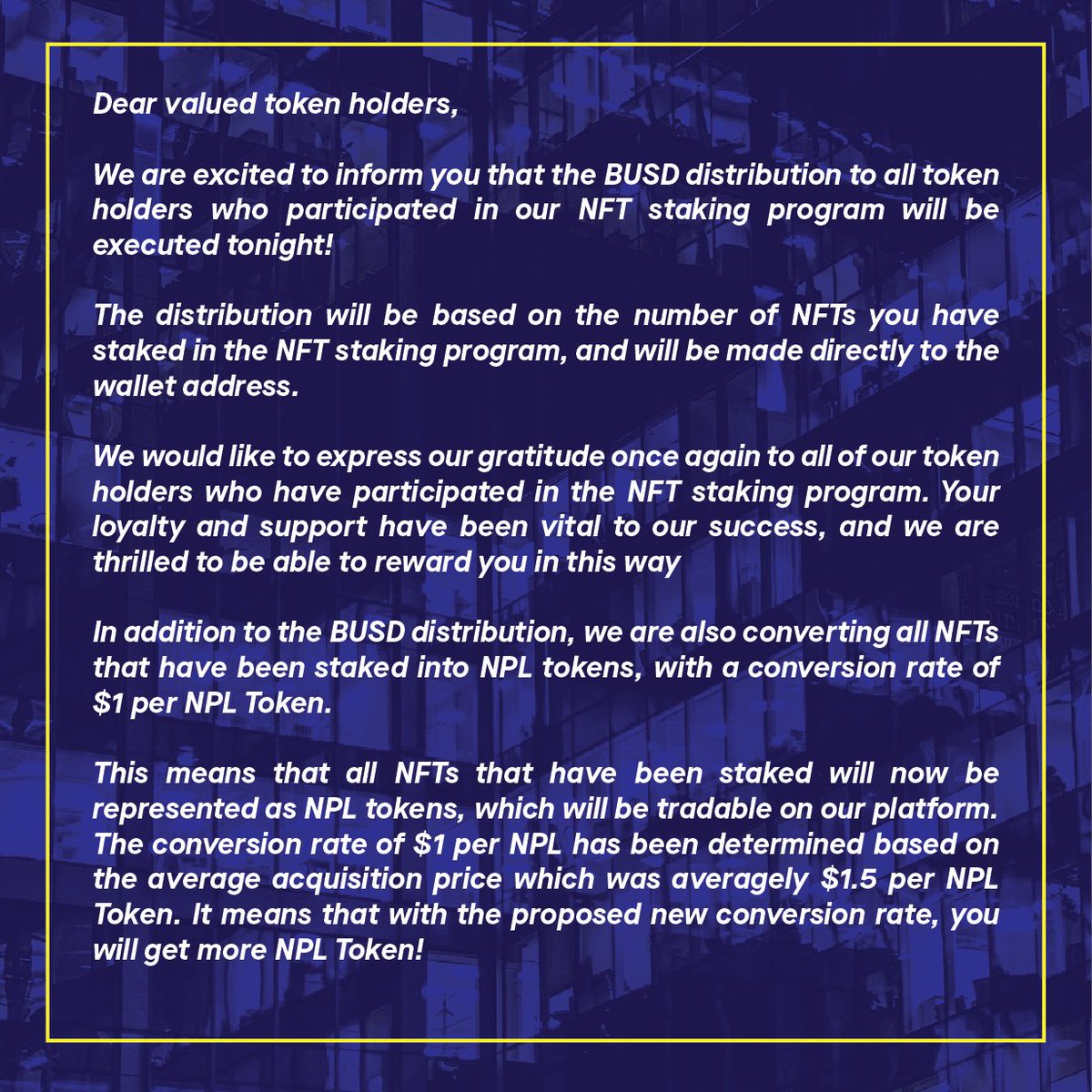 NPLtoken's tweet photo. https://t.co/DexvHcgV64

Official Announcement: NFT Staking https://t.co/2RnUo1mWqt