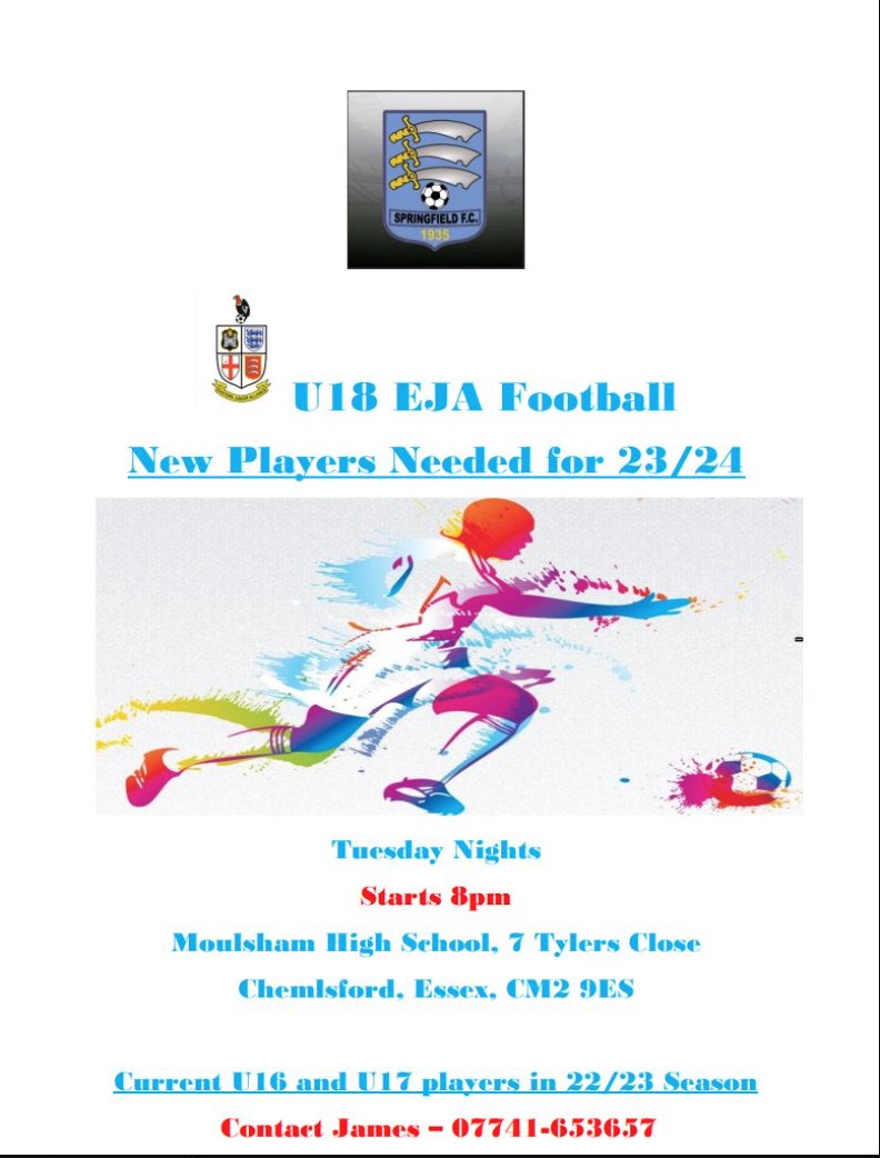 Springfield U18 EJA 23/24 (@sfc18seja) on Twitter photo Springfield FC U18's are now actively looking for new players to play in the EJA next season 23/24. If you feel your ready for a fresh challenge or even a step up, please contact us on the details below. <a href="/EJALeague/">EasternJnrAlliance</a> <a href="/SpringfieldDev1/">Springfield Development</a> <a href="/SpringfieldF/">Springfield FC</a> <a href="/EssexCountyFA/">Essex County FA</a> <a href="/SpringfieldFCR/">Springfield FC Reserves</a> Springfield FC U18's are now actively looking for new players to play in the EJA next season 23/24. If you feel your ready for a fresh challenge or even a step up, please contact us on the details below. <a href="/EJALeague/">EasternJnrAlliance</a> <a href="/SpringfieldDev1/">Springfield Development</a> <a href="/SpringfieldF/">Springfield FC</a> <a href="/EssexCountyFA/">Essex County FA</a> <a href="/SpringfieldFCR/">Springfield FC Reserves</a>