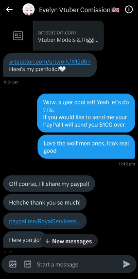 Makes me so furious, what i have right now is the result of me grinding day &amp; night. Seeing this breaks my heart, some assholes using my portfolio and scamming people around. 

Please retweet &amp; help me spread the word as much as you can! 😔
Report @/EvelynVtuber 
#Arttheft