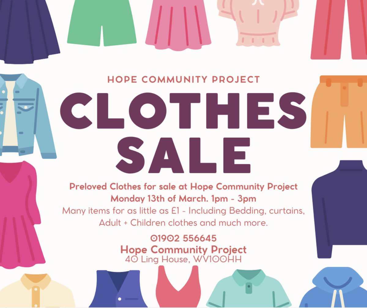 Hope Community Heath Town (@hope_nicolas) on Twitter photo Clothes sale at the Hope Centre on Monday 13th March from 1pm. Clothes sale at the Hope Centre on Monday 13th March from 1pm.