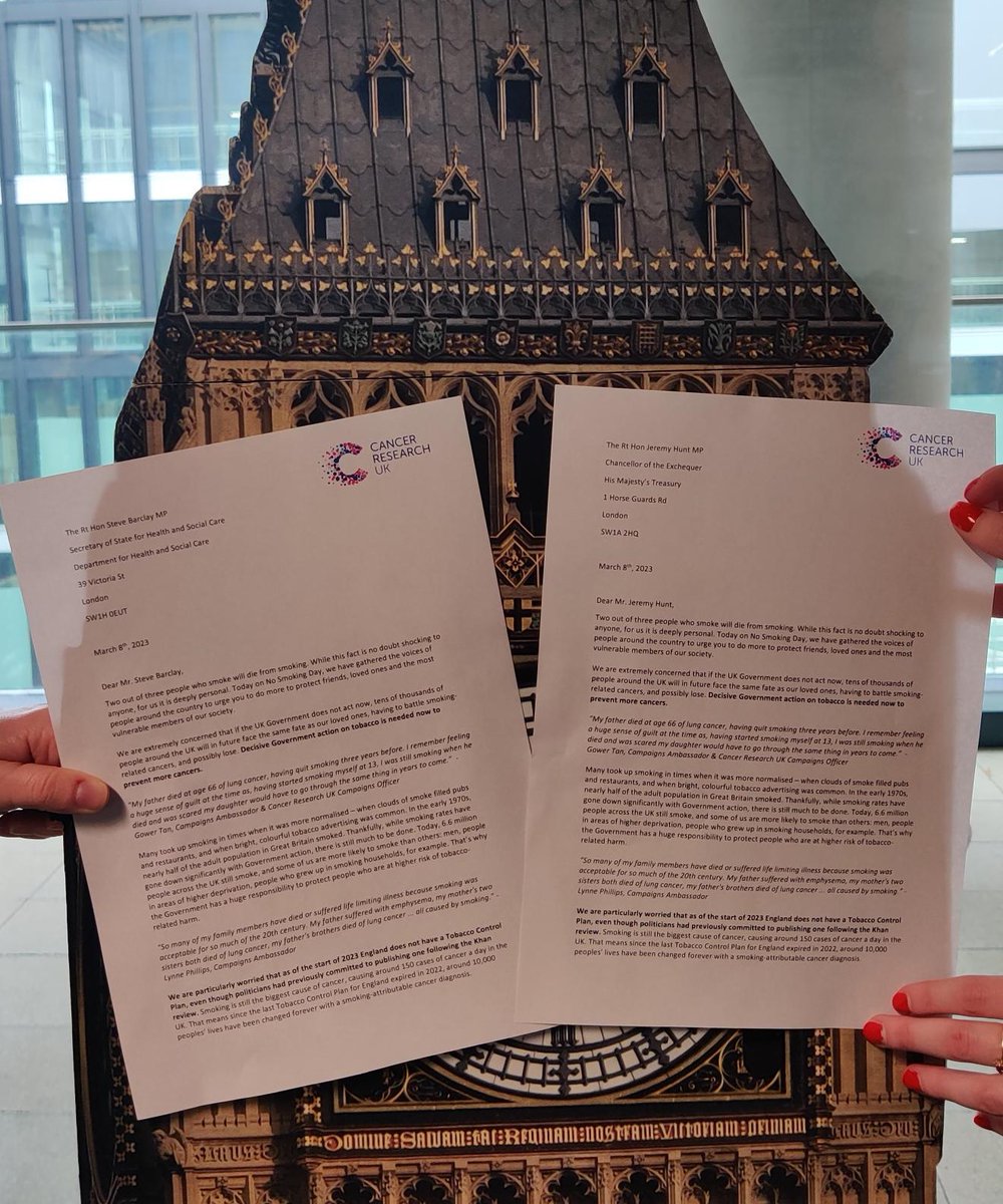 1/Today for #NoSmokingDay, our Cancer Campaigns Ambassadors, supported by over 2,000 fellow campaigners in England, are urging the UK Govt to take action on tobacco now.   

This is our message to the Health Secretary and Chancellor of the Exchequer, <a href="/SteveBarclay/">Steve Barclay</a> &amp; <a href="/Jeremy_Hunt/">Sir Jeremy Hunt MP</a>.