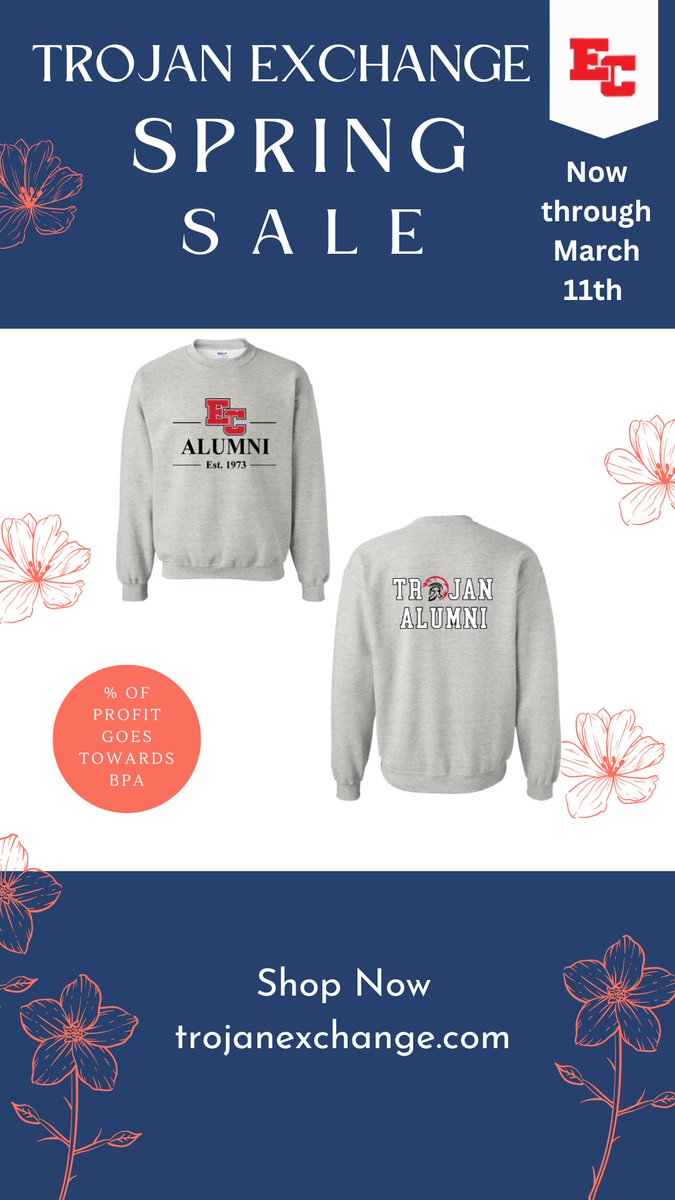 ECHSBPA's tweet photo. The @TrojanExchange Spring Sale is happening NOW🎉 Purchases from the Alumni Collection help fund the BPA organization and students attending State Competition this weekend and Nationals in Anaheim, CA next month!

https://t.co/nLNiXIc6n5 https://t.co/M6Q2OHoxjU