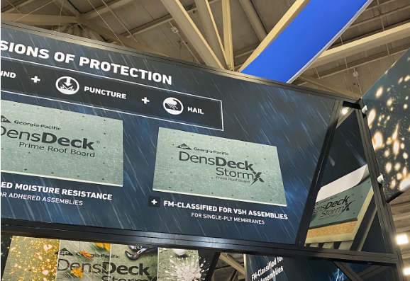 thinkagency's tweet photo. It’s day✌️at IRE, and we checked in with Laura Parker of @GeorgiaPacific  to talk about DensDeck and new products on the market.

StormX Prime Roof Boards are built to stand up to severe weather and high winds with resistance to fire, mold, moisture and hail.
 #IRE2023  #DensDeck https://t.co/0DtcbB7fVl