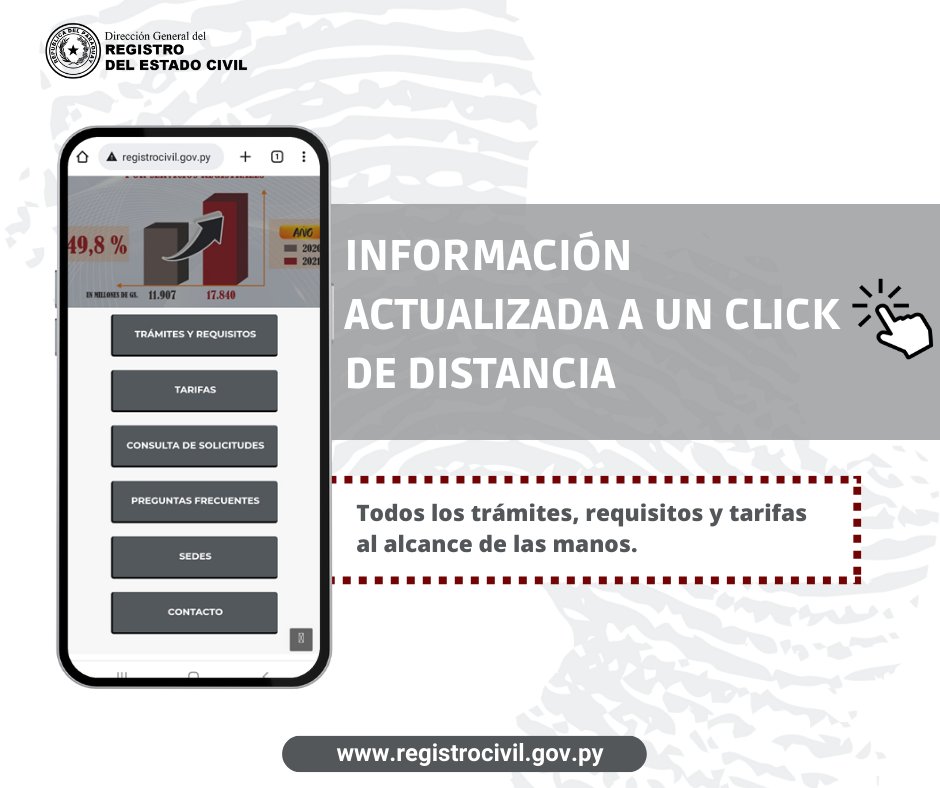 𝐀 𝐮𝐧 𝐜𝐥𝐢𝐜𝐤! 📲 
Toda la información para facilitarte tu trámite y consultas de cómo acceder a los servicios registrales. Ingresa en registrocivil.gov.py para mas información.