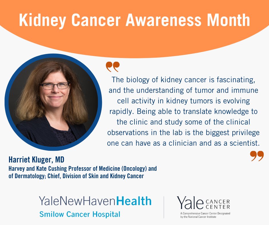 "Being able to translate knowledge to the clinic &amp; study some of the clinical observations in the lab is the biggest privilege one can have as a clinician &amp; scientist," said Dr. Harriet Kluger for #kidneycancerawarenessmonth. yalecancercenter.org/news-article/h…
<a href="/SmilowCancer/">Smilow Cancer Hospital</a> <a href="/YaleMed/">Yale School of Medicine</a> <a href="/YNHH/">Yale New Haven Hosp</a>