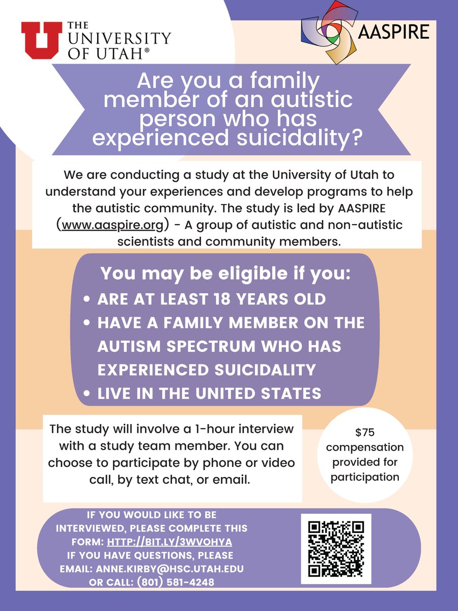 We're now recruiting *family members* of autistic people who have experienced suicidality (at any age) to add to our <a href="/aaspireproject/">AASPIRE</a> study. We want to learn about what information &amp; resources families need. You must be at least 18 and in the U.S. Please share with family members.