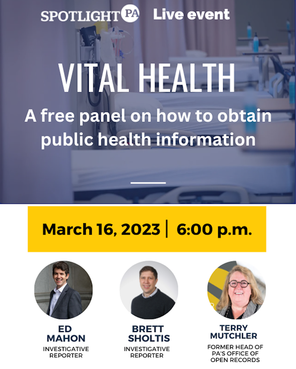 EVENT ALERT: Free virtual panel from <a href="/SpotlightPA/">Spotlight PA</a> on how to obtain public health information, featuring <a href="/edmahonreporter/">Ed Mahon</a>, <a href="/BrettSholtis/">Brett Sholtis</a> and Terry Mutchler. March 16, 2023 | 6 p.m. RSVP: bit.ly/3JowT6k