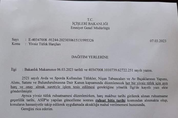SOYGUNA GEL
Ruhsat harcını kaldır
Her tüfek için 178 lira harç al
Ruhsatının süresi dolmuş veya tüfek ruhsatı yenileyecek olanlar
1 tüfek için 178 tl
2tüfek için  356 tl
3tüfek için  534 tl
4tüfek için  712 tl
5tüfek için  890 tl
<a href="/DpGultekinUysal/">Gültekin Uysal</a> 
<a href="/cenginyurt52/">Cemal Enginyurt</a> 
<a href="/SahinalpBulent/">Bülent Şahinalp</a>
