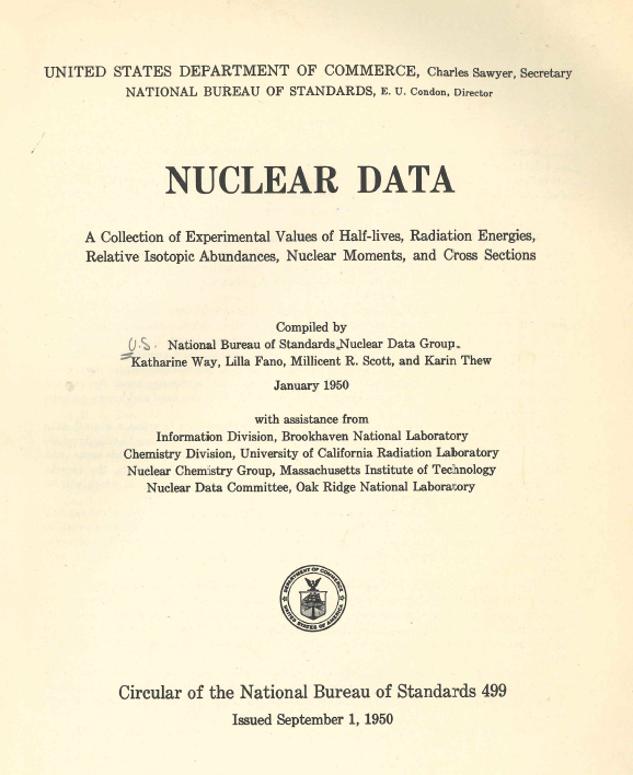 NNDC_BNL's tweet photo. In our library, we recently uncovered this edition of "NUCLEAR DATA": an early predecessor to our NuDat, ENSDF, and ENDF databases. It was published in 1950 by four women (!!!), including Kay Way and Lilla Fano. #IWD2023 #nuclear #nucleardata https://t.co/hpUtisH50h