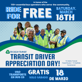 TriDeltaTransit's tweet photo. Tri Delta Transit celebrates Transit Driver Appreciation Day with FREE rides on SATURDAY, MARCH 18th ONLY on our fixed route buses, paratransit or Tri MyRide service.

If you can, take a moment to thank your driver!
  
#trideltatransit
#tdtappreciatesdrivers https://t.co/UUNsI9EgIK