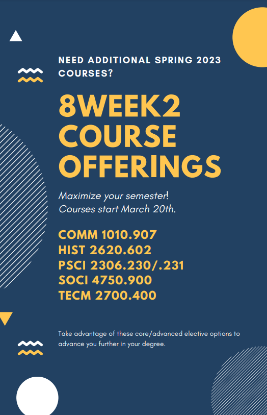 Do you need additional courses for Spring 2023? Take advantage of these core/advanced elective options to advance you further in your degree!