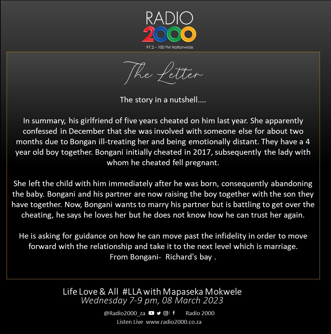 Radio2000_ZA's tweet photo. #TheLetter| Bongani from Richard’s bay is seeking guidance. What do you think he should do?
@mapasekamokwele #LifeLoveAndAll #LLA2000 https://t.co/JTjqznFbQh