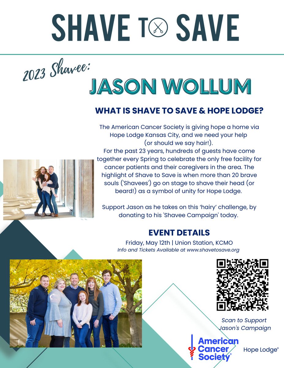 Honored to be part of the @ACS_KansasCity #ShavetoSave event.   Always a humbling experience to shave your head, but to do it in support of those fighting cancer is an honor and I am proud to be part of this amazing event.  Please consider donating through the QR code below.