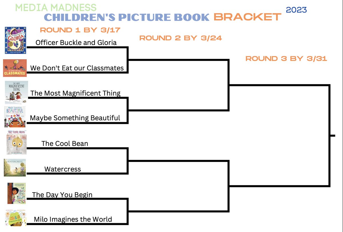 March Madness has hit the #craeamedia department! Join us for @CRAEA's Picture Book Challenge! First-round voting ends March 17th! bit.ly/3kYRYek  Check out the Bracket! bit.ly/3YFjqf6 Vote for your favorites!