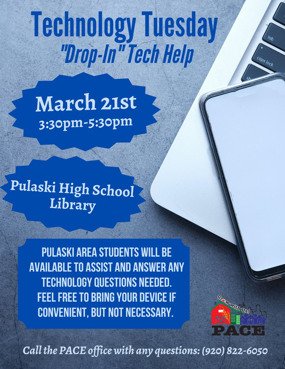 pulaskipace's tweet photo. Struggling with your device?  Ready to throw it out the window?  
Come to our Technology Tuesday Event to help with your issues on March 21st.  All ages are welcome to come and use this amazing resource.  #RaideStrong https://t.co/0fdA9fqAVw