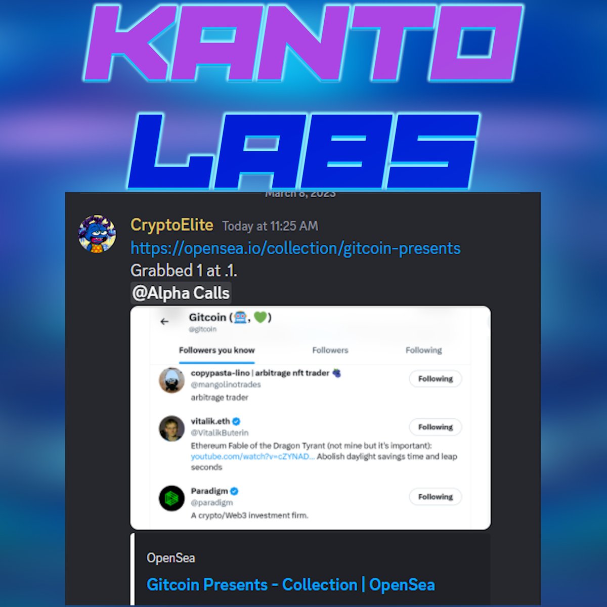 ashrobin's tweet photo. Another HUGE WIN in the @KantoLabs discord 🧑‍🍳

One of our head alpha callers @Crypto_Elite1 called Gitcoin Presents at 0.1 and floor is at 0.35 only 30 minutes later 😏

That's $150 to $500 in 30 minutes 🔥

Join a winning community here: https://t.co/YR4wMjhog4 https://t.co/9bWE32zBHI