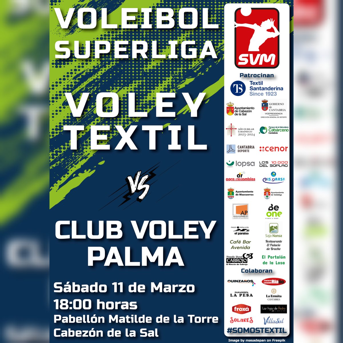 📣JORNADA 21📣 Último partido de la temporada en casa y queremos devolverle a la afición su fiel apoyo en forma de victoria. ‼️Vamos a por ello equipo‼️

🆚 <a href="/ClubVoleyPalma/">Club Voley Palma</a>  
🗓 Sábado 11 de marzo
🕕 18:00 h
🏟 Pabellón Matilde de la Torre

#somostextil