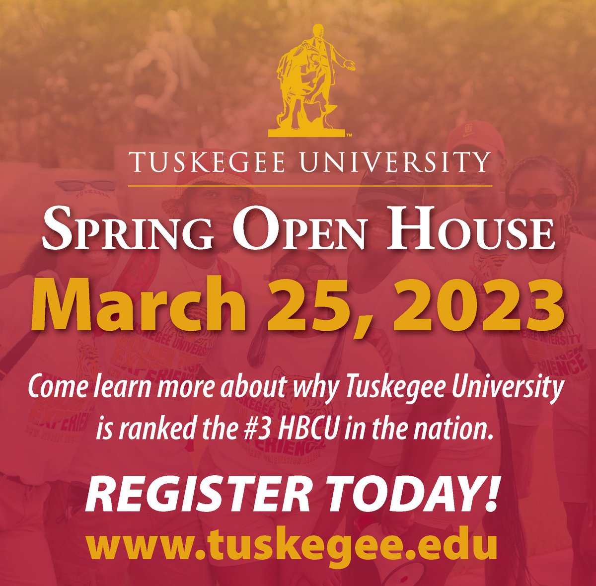 The Tuskegee University Office of Admissions invites you to Register for the Spring Open House on Saturday, March 25. Learn more at: tuskegee.edu/admissions/ope… #OneTuskegee #HBCUOpenHouse #toprankedhbcu #3HBCU