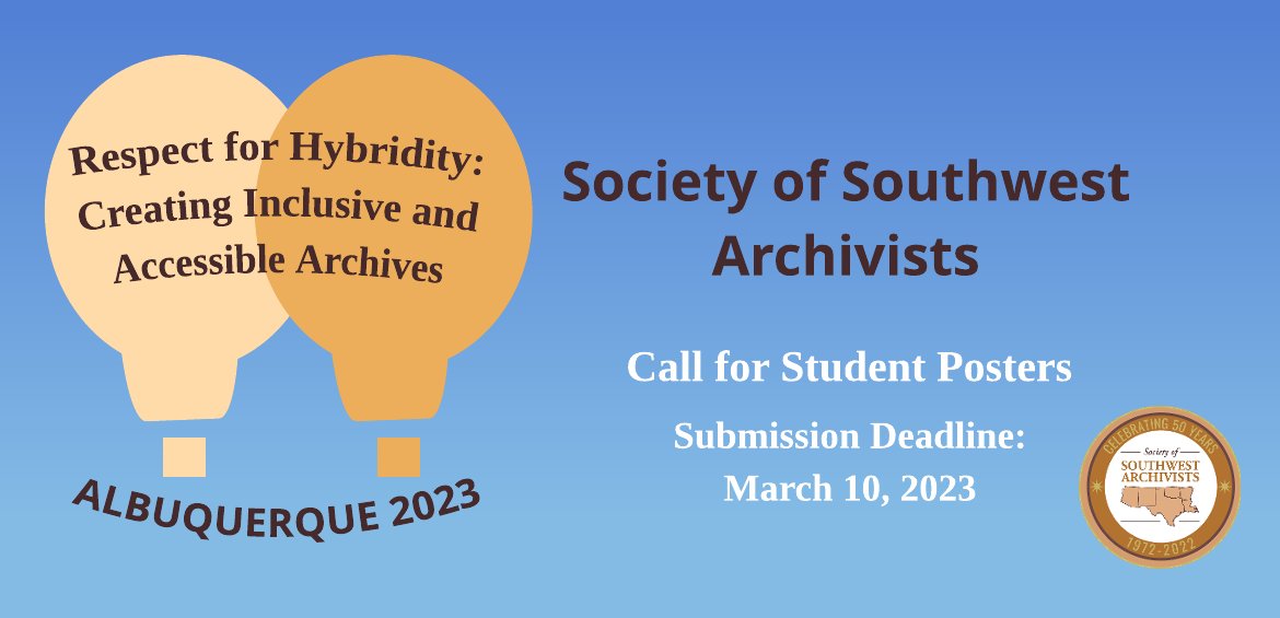 Friday is the deadline to submit student poster proposals for SSA's 2023 Annual Meeting! Posters can focus on research, discuss interesting archival collections, or report on various types of archival projects. Submit through our online form forms.gle/TJVdbJtzgin1ag…