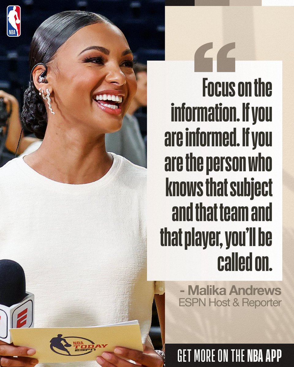 NBA's tweet photo. Stay focused and stay ready.

ESPN Host and Reporter Malika Andrews with words of advice on #InternationalWomensDay.

See more and celebrate Women's History Month with the 'Women Around the NBA' on the NBA App!

📲: https://t.co/ZZCX0yENth https://t.co/gtbN9C1uAx