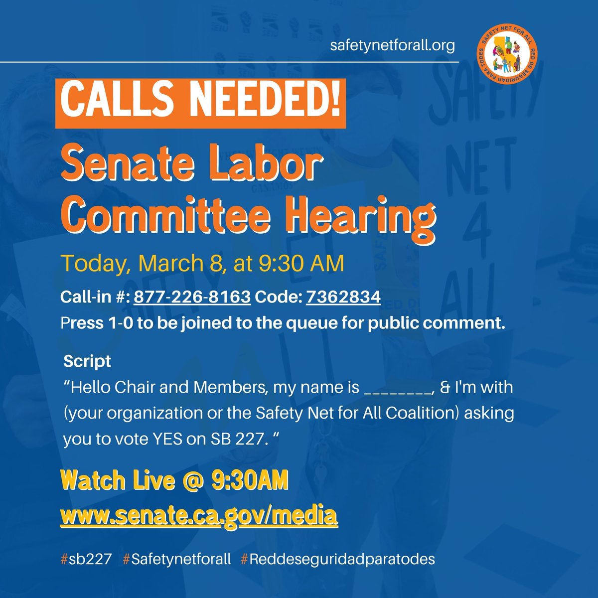 You still have time to tell the Senate Labor Committee to vote YES on #SB227 #SafetyNetforAll Workers! Undocumented workers sustain our state economy. We must provide unemployment benefits for all! 

Hearing is happening now!