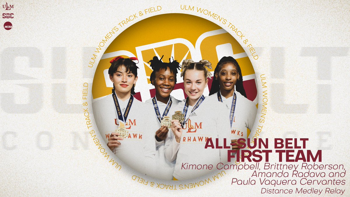 ULM_Track's tweet image. Congratulations to Ali Eren Unlu (men's high jump) and Kimone Campbell, Amanda Radava, Brittney Roberson and Paula Vaquera (women's distance medley relay) on their First-Team All-Sun Belt Conference honors! #SunBeltTF