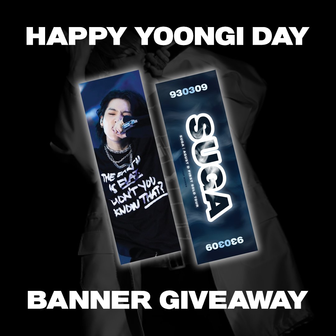 MagicShopWorks's tweet photo. 💜 Happy Yoongi Day 💜
{ SUGA 1st Tour Banner Giveaway! }

✨ Runs March 9th - 17th
✨ Open Worldwide
✨ 1 Lucky Winner 

#HAPPYSUGADAY 
 #HappyYoongiDay
#HappyBirthdaySUGA 

How To Enter &amp; Rules Below 🔽 https://t.co/igkMLWBxcg