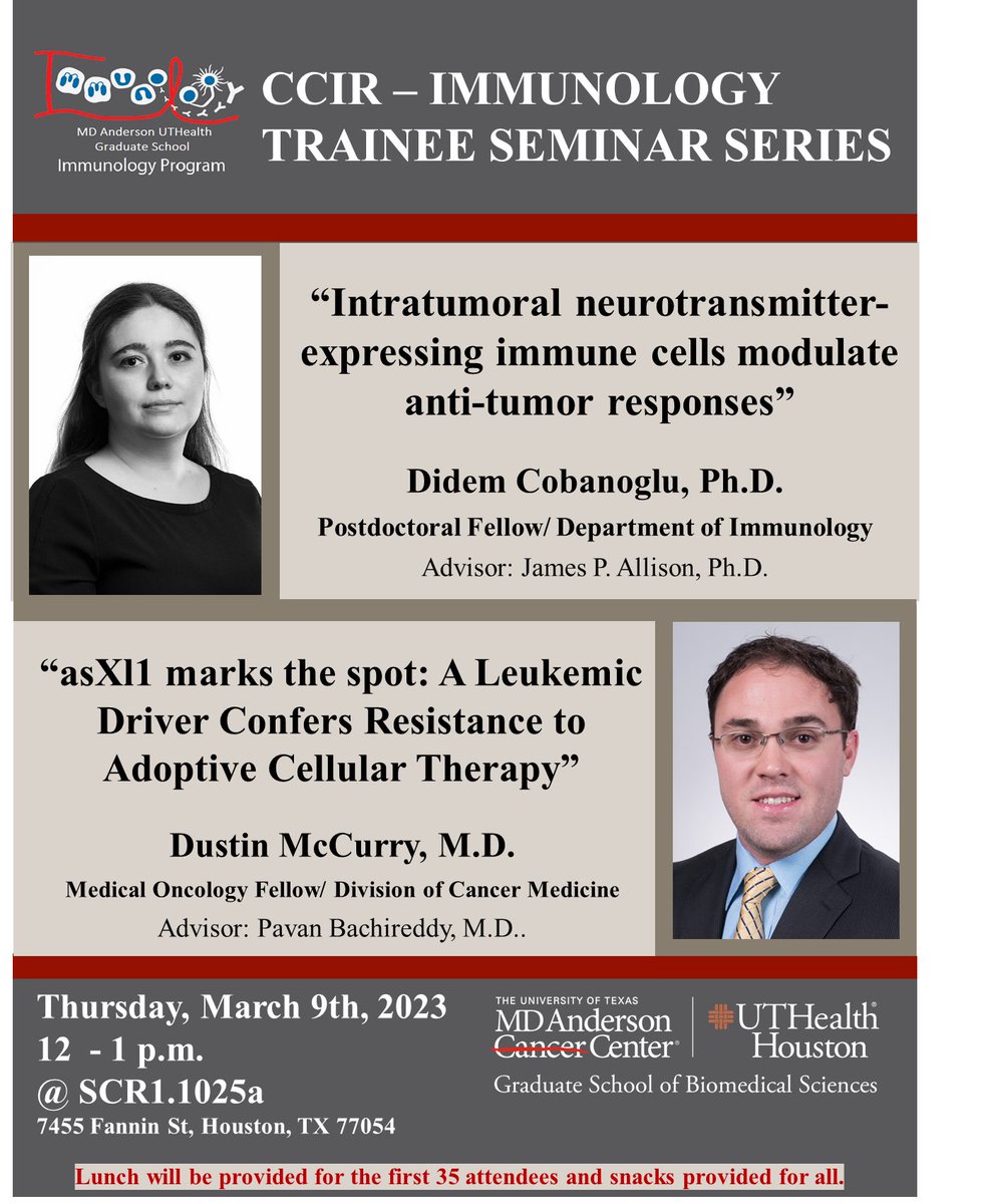 GSBS Immunology Program (@immunologygsbs) on Twitter photo CCIR-Immunology Trainee Seminar Series- HAPPENING TOMORROW!
Lunch will be provided for the first 35 attendees and snacks provided for all!
Dr. Didem Cobanoglu <a href="/didemagac/">Didem Ağaç Çobanoğlu, Ph.D.</a> from @JimAllisonPhD lab and Dr. Dustin McCurry <a href="/dust_im_md/">Dustin McCurry</a> from <a href="/pbachi/">Pavan Bachireddy</a> lab will be presenting their research! CCIR-Immunology Trainee Seminar Series- HAPPENING TOMORROW!
Lunch will be provided for the first 35 attendees and snacks provided for all!
Dr. Didem Cobanoglu <a href="/didemagac/">Didem Ağaç Çobanoğlu, Ph.D.</a> from @JimAllisonPhD lab and Dr. Dustin McCurry <a href="/dust_im_md/">Dustin McCurry</a> from <a href="/pbachi/">Pavan Bachireddy</a> lab will be presenting their research!