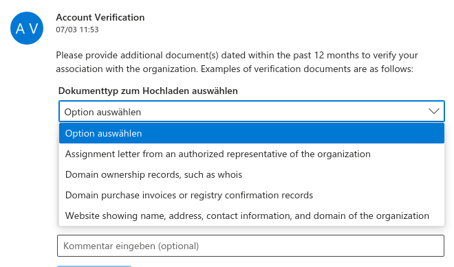 h_ulbricht's tweet photo. This is like a game! Go one step back.

Kind of confusing.

BUT (took me a moment to see it): a dropdown changed. Now I need to prove association with the "organization".

Will talk to IT about it...

Stay tuned.

#Microsoft #PartnerCenter #Registration https://t.co/2a32D7Hb8K