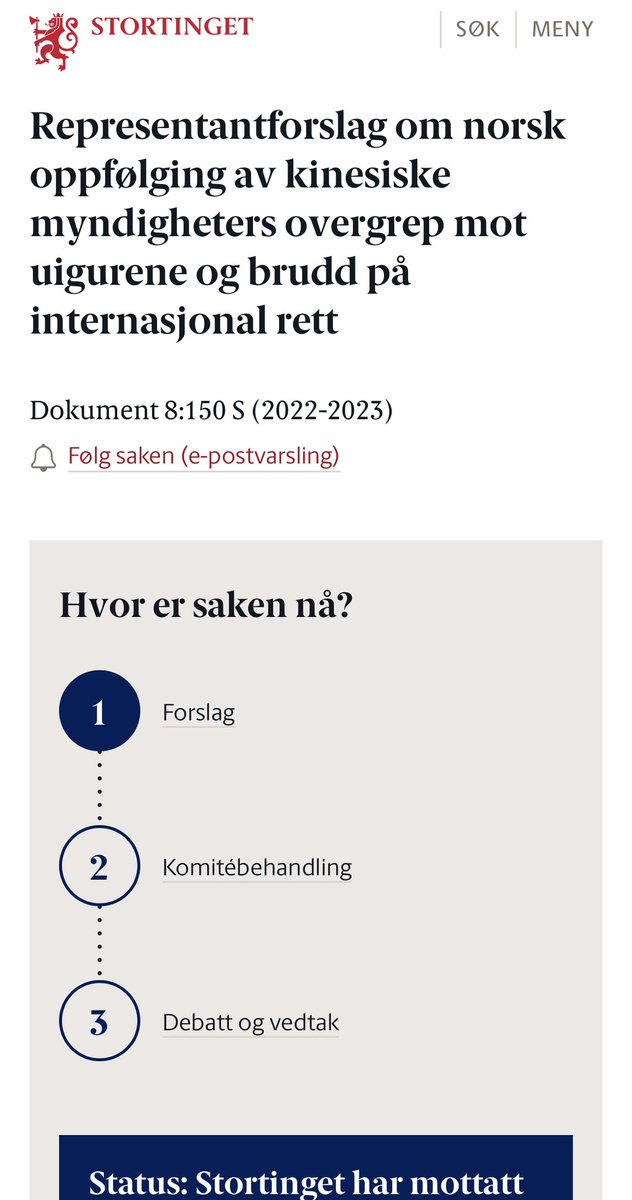 Takker <a href="/Partiet/">Miljøpartiet De Grønne (MDG)</a> <a href="/Venstre/">Venstre</a> <a href="/KrFNorge/">Kristelig Folkeparti</a> <a href="/SVparti/">SV</a> og <a href="/Raudt/">Rødt</a> for Representantforslag om norsk oppfølging av kinesiske myndigheters overgrep mot #uigurene og brudd på internasjonal rett! 

Da er det bare å gjøre det rette og stemme for <a href="/Arbeiderpartiet/">Arbeiderpartiet</a> <a href="/Senterpartiet/">Senterpartiet</a> <a href="/frp_no/">Fremskrittspartiet</a>