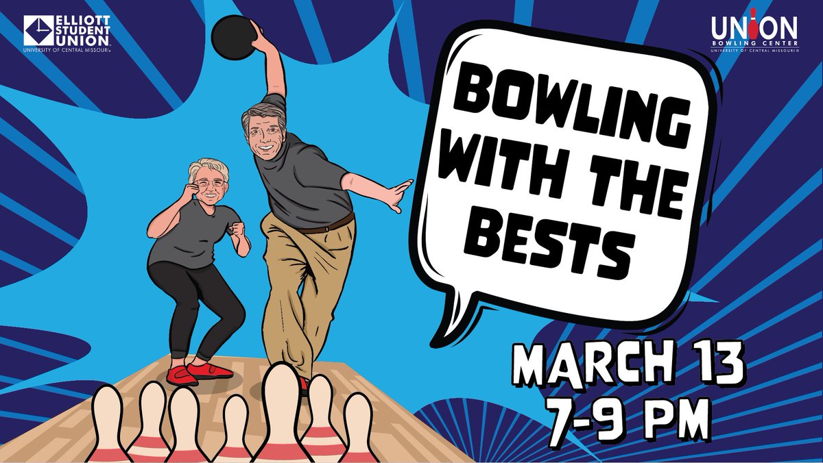 Elliott Student Union (@ucmelliottunion) on Twitter photo Come bowl with <a href="/UCMPresident/">UCM President Roger Best</a> Roger Best and First Lady Robin Best on Monday, March 13, from 7-9 PM in the Union Bowling Center. Bring your friends to mix and mingle with our university leadership. Free with your UCM ID Come bowl with <a href="/UCMPresident/">UCM President Roger Best</a> Roger Best and First Lady Robin Best on Monday, March 13, from 7-9 PM in the Union Bowling Center. Bring your friends to mix and mingle with our university leadership. Free with your UCM ID