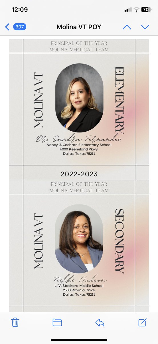 Congratulations to all our Principals in the Molina Vertical Team! All are phenomenal leaders, however, 2 have been selected as the Principals of the year. Principal Hudson representing secondary, and Principal Fernandez, representing our elementary campuses!