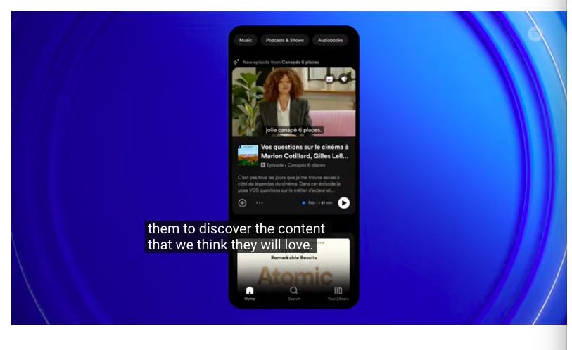 Pendant sa keynote #StremOnSpotify, la plateforme annonce l'arrivée de bandes-annonce et previews vidéo ou son sur sa home dans les semaines à venir pour "réduire la distance entre les créateurs et les auditeurs" et facilité la découvrabilité. <a href="/spotifyfrance/">Spotify France</a>