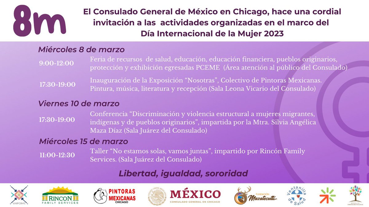 Este #DíaInternacionalDeLaMujer, en el Consulado General de México en Chicago también tendremos la exposición “Nosotras”, del Colectivo de Pintoras Mexicanas. ¡Las esperamos de 5:30 a 7 p.m.! 💜