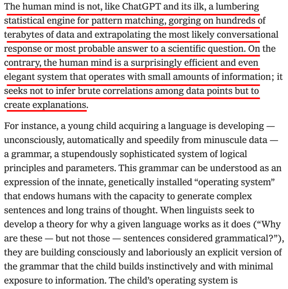 sinanaral's tweet photo. Important piece in the @nytimes today by Noam Chomsky, Ian Roberts and Jeffery Watumull on the "False Promise of ChatGPT" cc @GaryMarcus

https://t.co/bD0jUakv0R https://t.co/ETaliEncZg