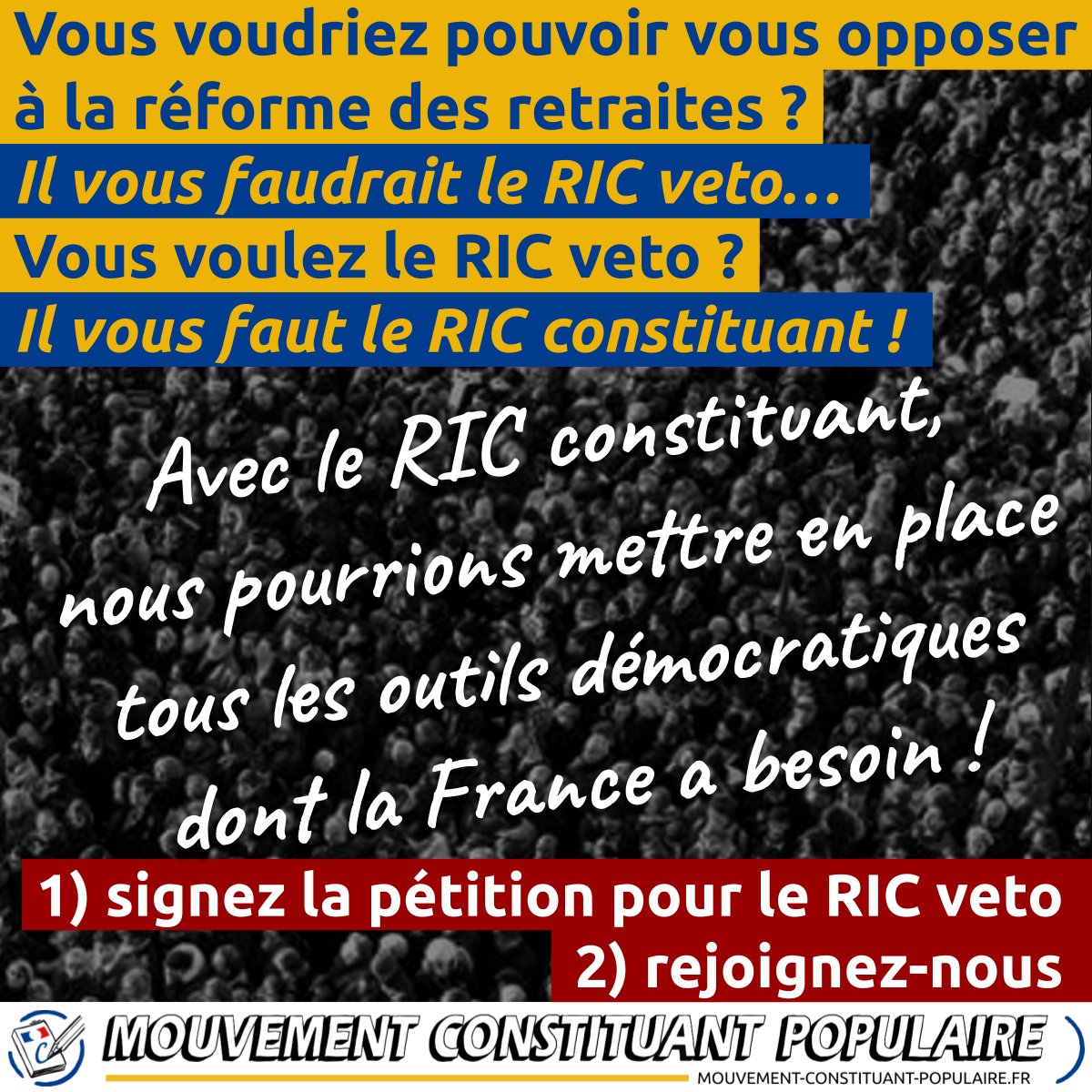 #ReformeDesRetraites et #RICconstituant !
Lire l'article et accéder à la pétition :
mouvement-constituant-populaire.fr/2023/culture/r…
#RIC #RICveto #Retraites #Retraite #Macron #Borne #Greve #GreveGenerale #GreveGeneraleIllimitee