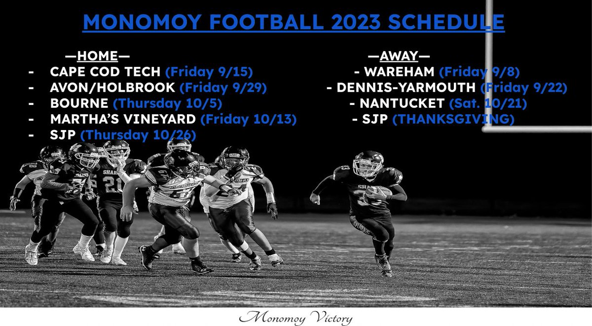 Our 2023 Schedule drop is here! Come out and support   #MonomoySharksFootball All season long! @MonomoySharks @PrincipalJPo  @MRHS_SharkTank   @BradJoyal #HitTheGroundRunning