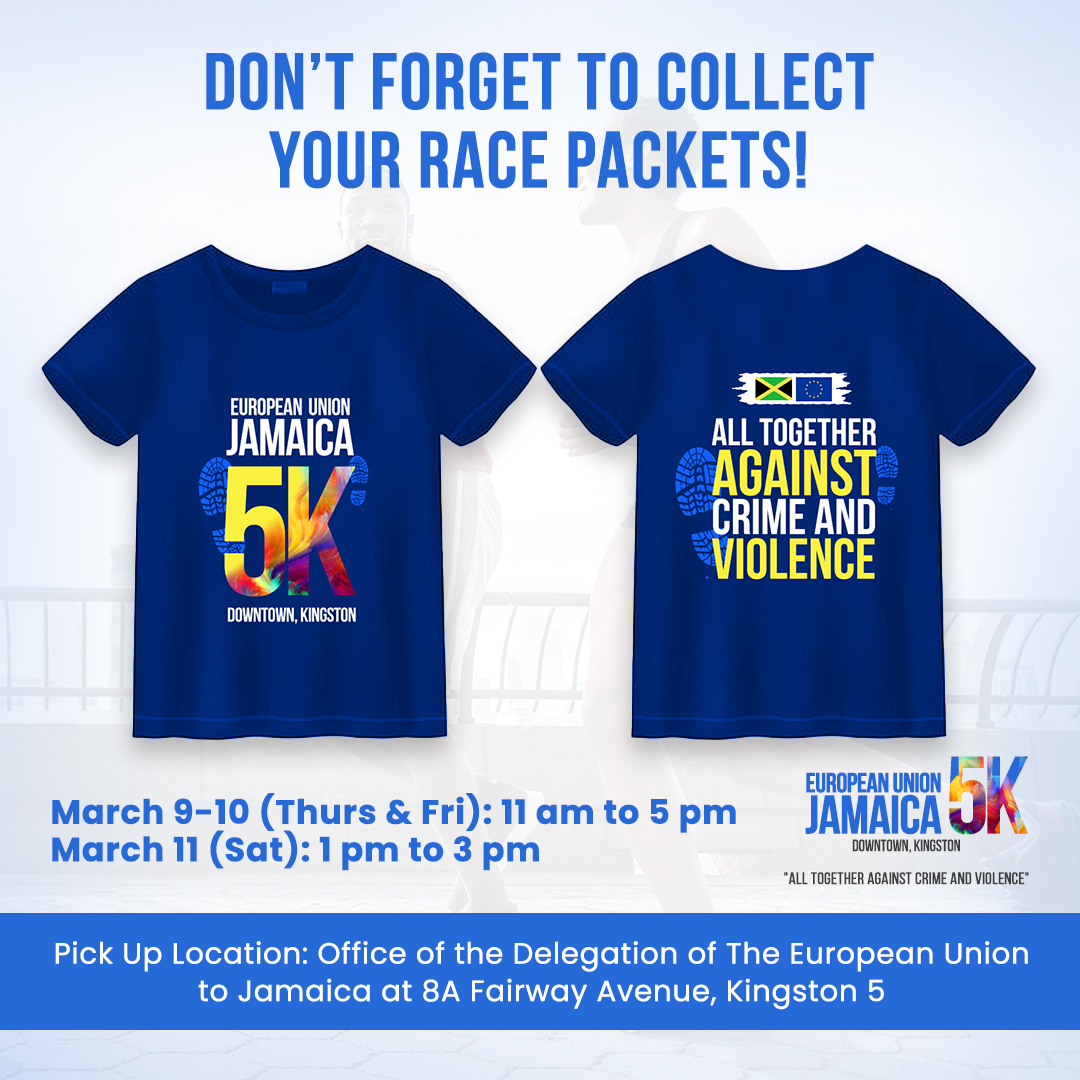 Collect Race packages starting tomorrow before race day - Sunday, March 12, 2023 🇯🇲 🇪🇺

There is no race number pick-up on race day!

#TogetherWeCan #EU #EUJA5K #SeeYouOnTheRoad #RunningEventsJa #RoadRace #AllTogetherAgainstCrimeAndViolence #EuropeanUnion #Jamaica @euinjamaica