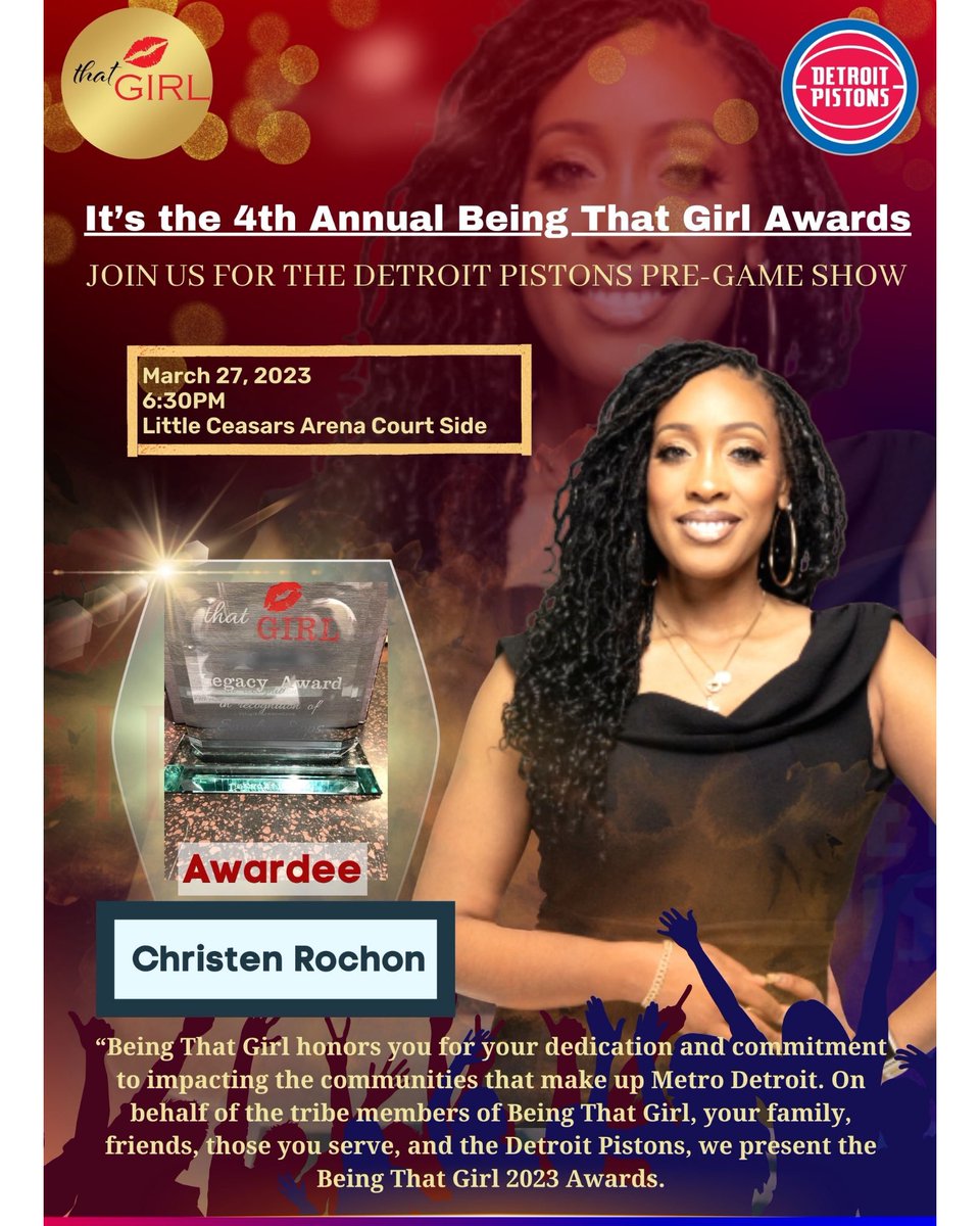 Happy Int’l Women’s Day!
I’m excited to be apart of <a href="/DetroitPistons/">Detroit Pistons</a> x Being That Girl Awards - Women’s History Month celebration! Congrats to all the honorees &amp; shoutout to @imthatgirlnatasha for her efforts in supporting &amp; celebrating women everywhere! #InternationalWomensDay