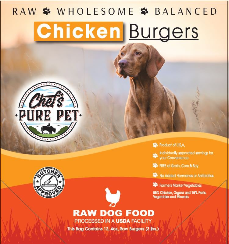 Why settle for boring kibble when your dog can have a gourmet chicken burger? #chefspurepet #gourmetdogfood #doggydelight