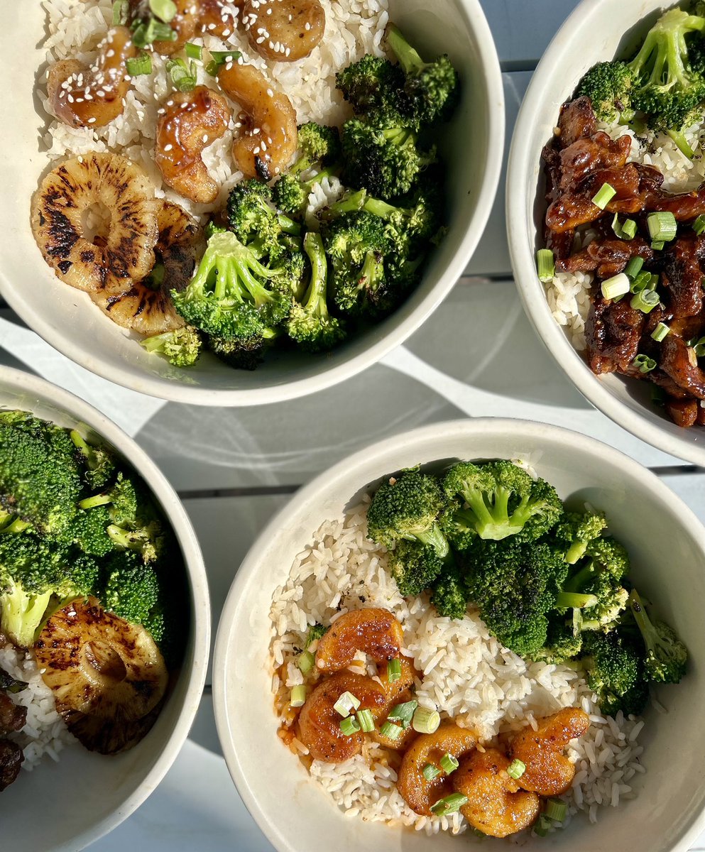 We’ve got some new specials this month! 
Come on down and try our loaded rice bowls available with teriyaki or Orange  chick’n strips or upgrade to shrimp!
We also have Tom Kha soup and pineapple Serrano I-scream. Available all month long 😋😋😋