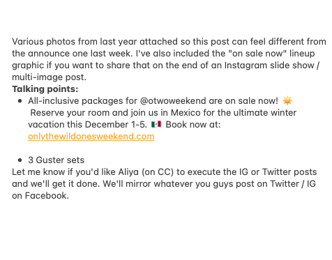 guster's tweet photo. Tix now on sale for our @otwoweekend shindig in Mexico. Last year we played in a gazebo to shirtless Gen X'ers, Brian went swimming during "Parachute" and on our day off we went to a cenote. Everything was fun, you too will have fun, I believe in you. 

Details from our manager❤️ https://t.co/HQwEaqIdBr
