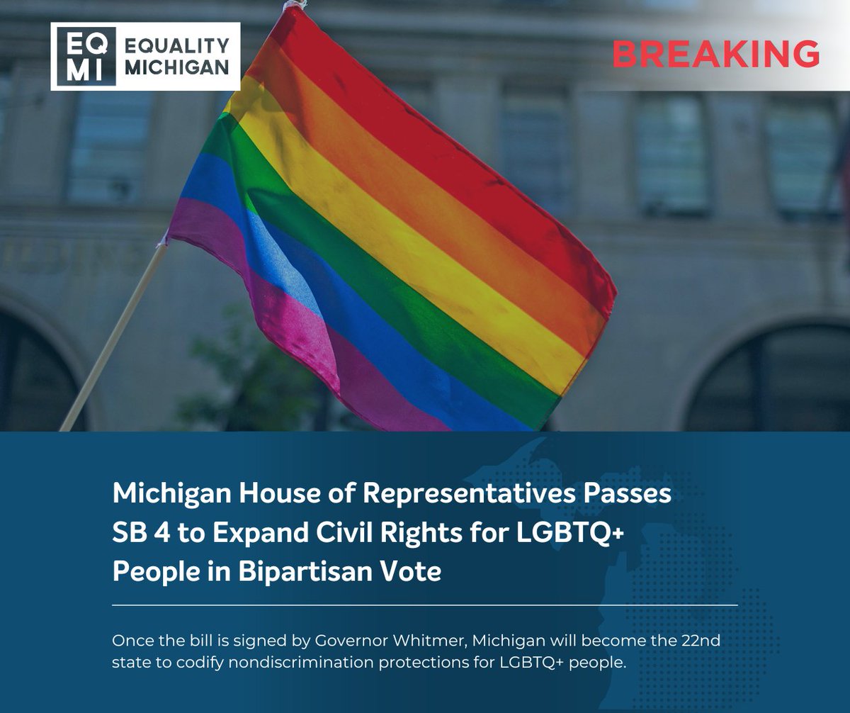 Michigan's House of Representatives has just voted to pass the amendment to the Elliott-Larsen Civil Rights Act to include protections for sexual orientation, gender identity and expression. The bill now heads to Governor Whitmer's desk for her signature.