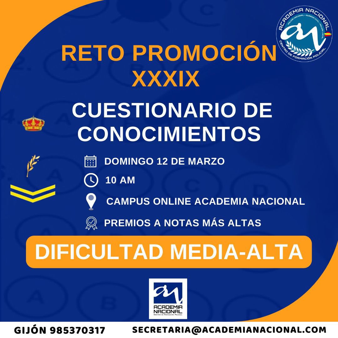 ¡¡¡RETO ABIERTO!!!

Promoción #XXXIX #PoliciaNacional.

📝 Consiste en un examen general de dificultad media-alta. 

👏🏼 Gratis para quien quiera participar.

😉 Habrá regalos para las mejores notas!

No te lo pierdas 👇🏼

campus-demo.academianacional.com/login/index.php