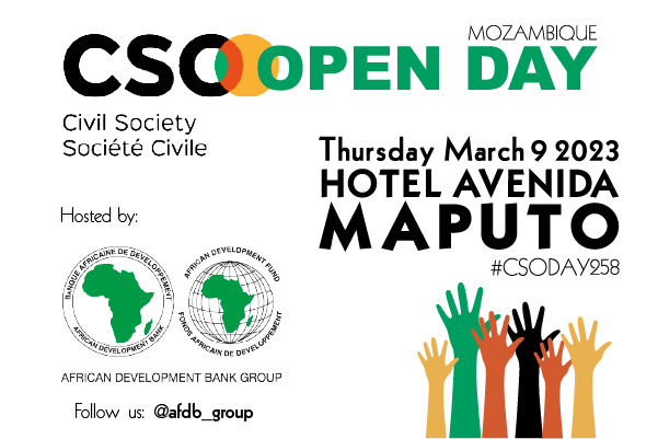 AfDB_Group's tweet photo. Mozambican civil society organizations, government officials and partners are invited to the African Development Bank’s CSO Open Day in Maputo, #Mozambique. #CSODay258

RSVP: https://t.co/Mda9NT7TH0 https://t.co/5R5B8u1nsE