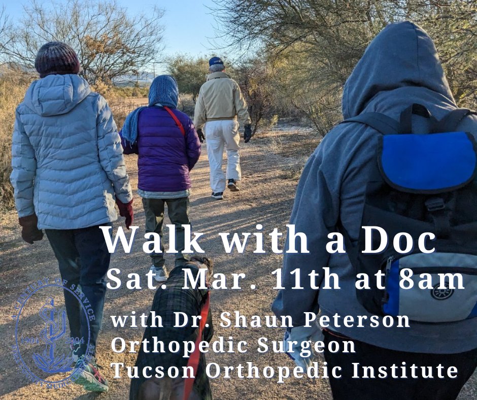 PCMSTuc's tweet image. Join us on Saturday, March 11th for our @walkwithadoc at 8am, led by Dr. Shaun Peterson of Tucson Orthopaedic Institute. The walk topic will be Updates in Joint Surgery. fb.me/e/4nHLl8Y5G